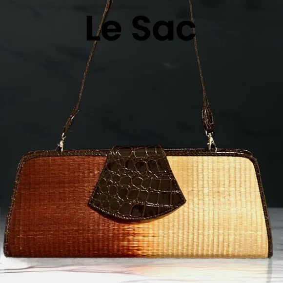 Le SAC Handmade Straw Dark Chocolate And Cream Ombre Handbag Detachable Strape - Picture 3 of 10